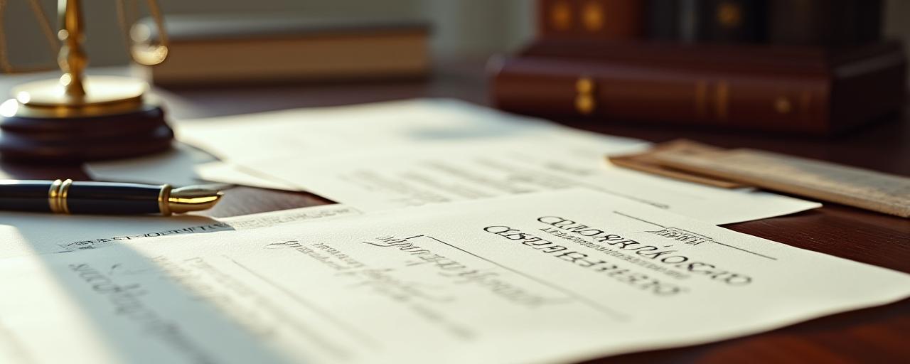 Close up of legal documents and a fountain pen on a mahogany desk